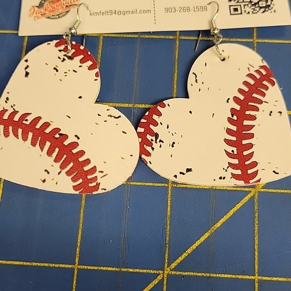 Baseball Heart Pleather Red White Distressed Look Earrings